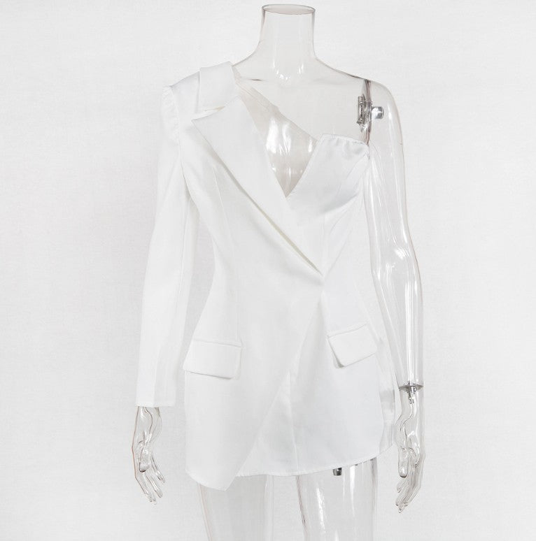 Sophisticated Edge: Stylish Half-Tuxedo Cocktail Dress white