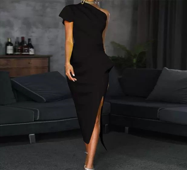 Graceful Drapes: Elegant Hip-Wrap Dress black