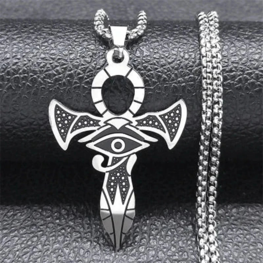 Egyptian Patronus Eye of Ra | Ankh Cross Necklace - Symbolic jewelry piece depicting ancient Egyptian protection symbols for spiritual connection and elegance.