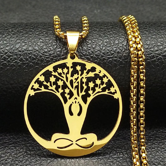 Golden Yoga Tree Of Life Pendant Necklace