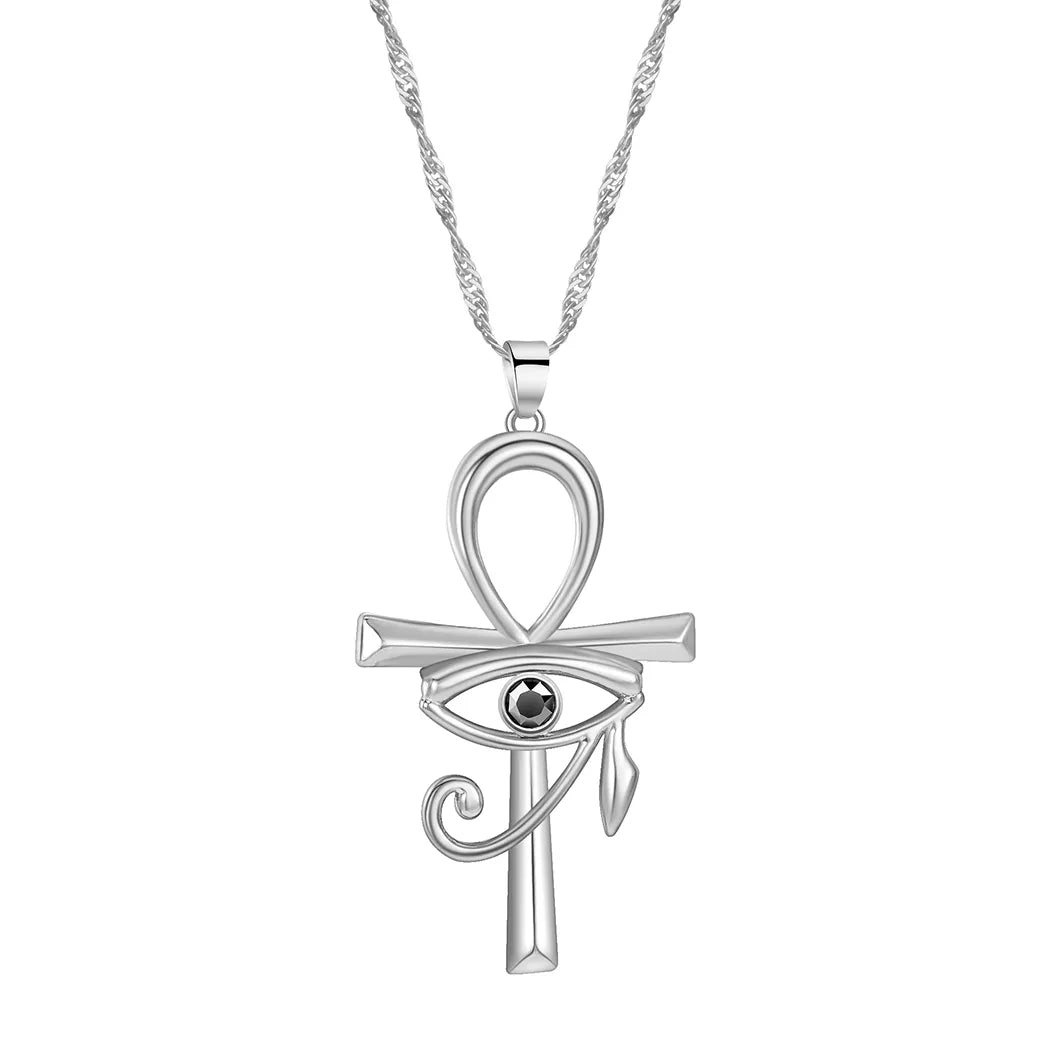 Silver Egyptian Ankh & Eye Of Ra Necklace - Symbol of life and power in a striking design.