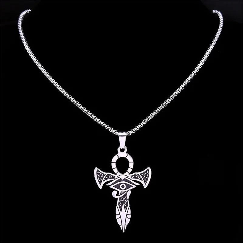 Egyptian Patronus Eye of Ra | Ankh Cross Necklace - Symbolic jewelry piece depicting ancient Egyptian protection symbols for spiritual connection and elegance.