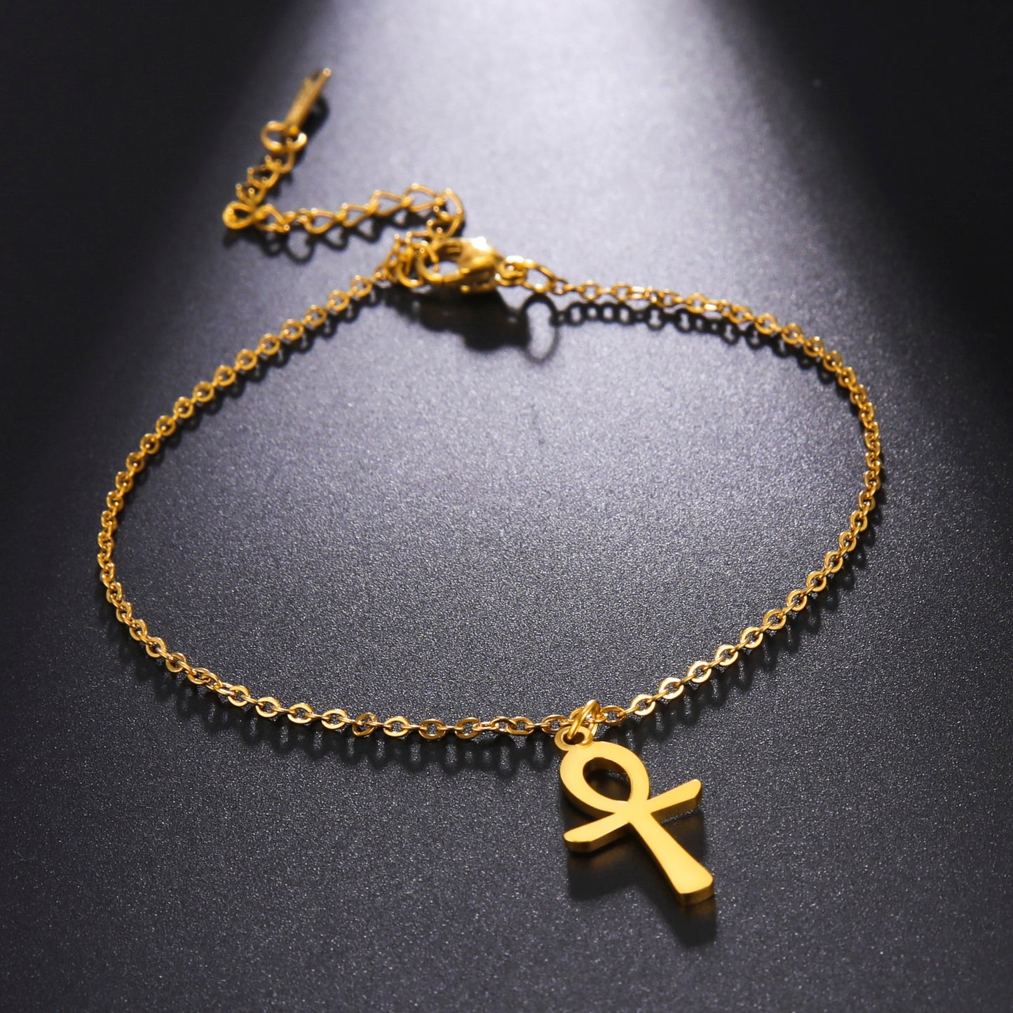 Women's Ankh Cross Anklet - Symbolic representation of ancient Egyptian heritage in an anklet. gold glossy-too glossy-too