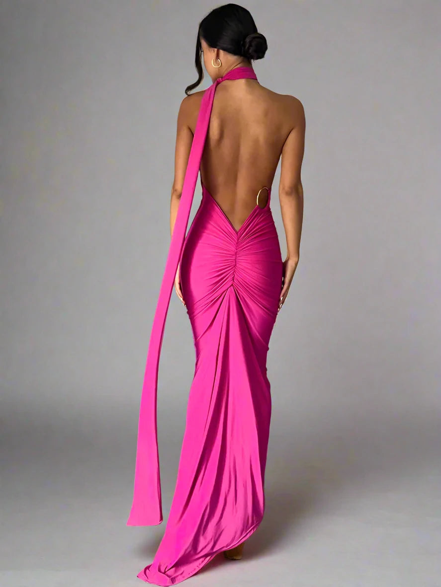 backless rutched maxi dress