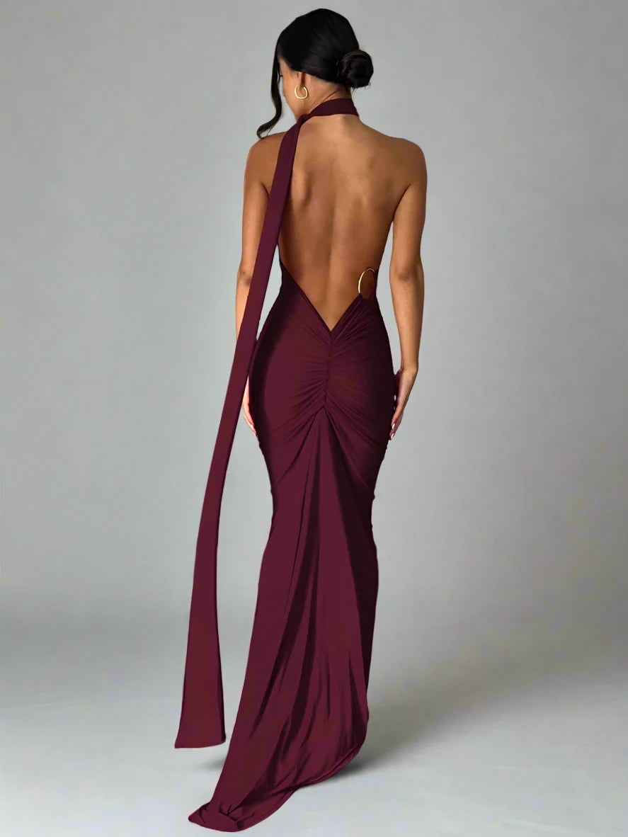 backless rutched maxi dress