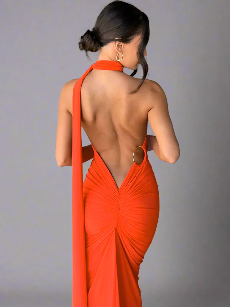 backless rutched maxi dress