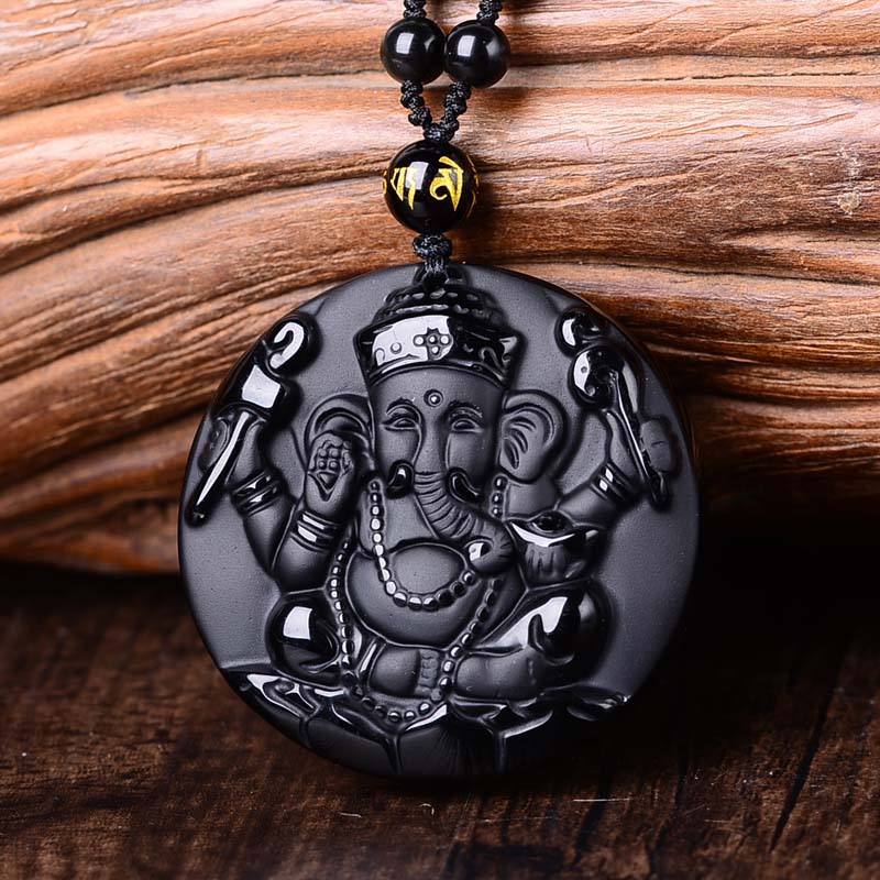 Natural Black Obsidian Carved hindu Ganesh Necklace buddhist Glossy-Too