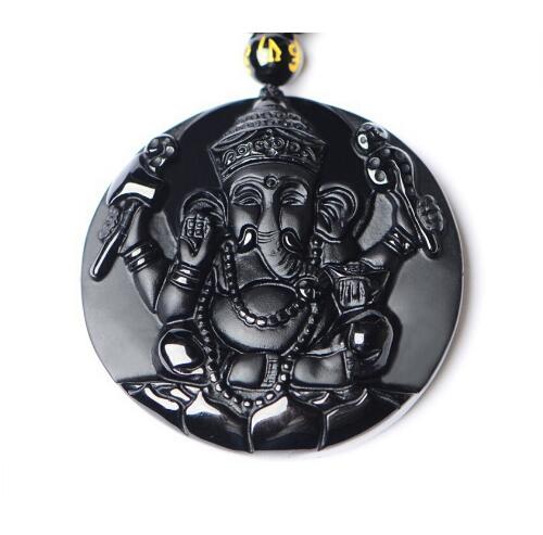 Natural Black Obsidian Carved hindu Ganesh Necklace buddhist Glossy-Too