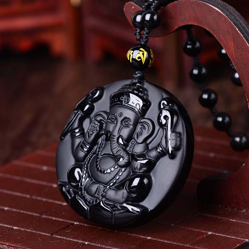 Natural Black Obsidian Carved hindu Ganesh Necklace buddhist Glossy-Too