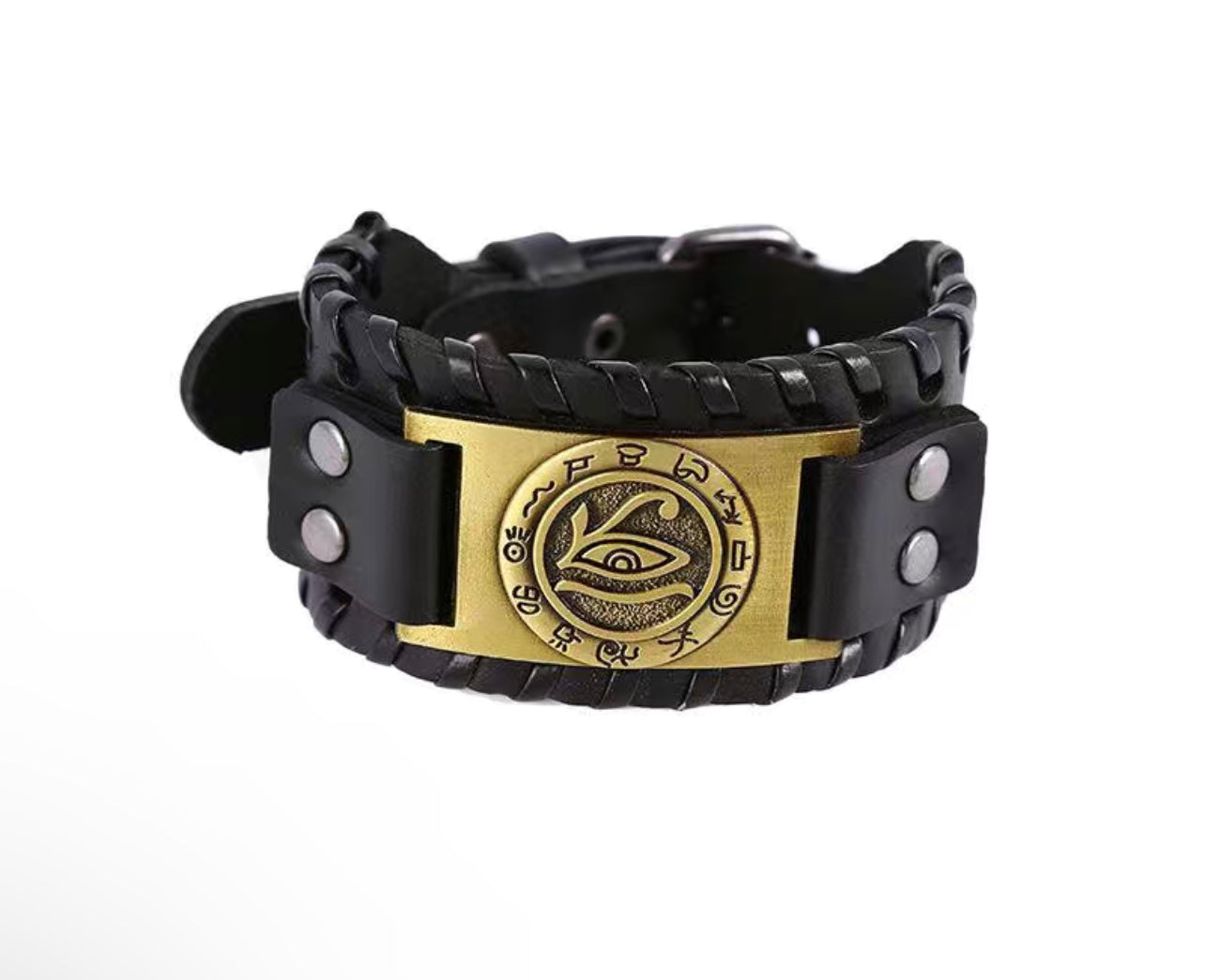 Men's Eye of Ra Leather Buckle Bracelet - Symbolic Strength and Elegance. Glossy-Too