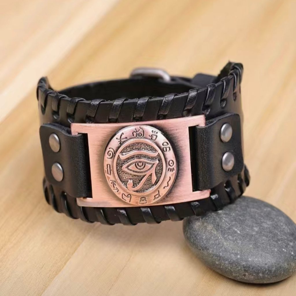 Men's Eye of Ra Leather Buckle Bracelet - Symbolic Strength and Elegance. Glossy-Too