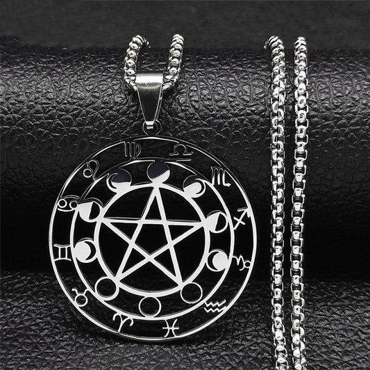 12 Constellations Wiccan Pentagram Necklace Silver Glossy-Too