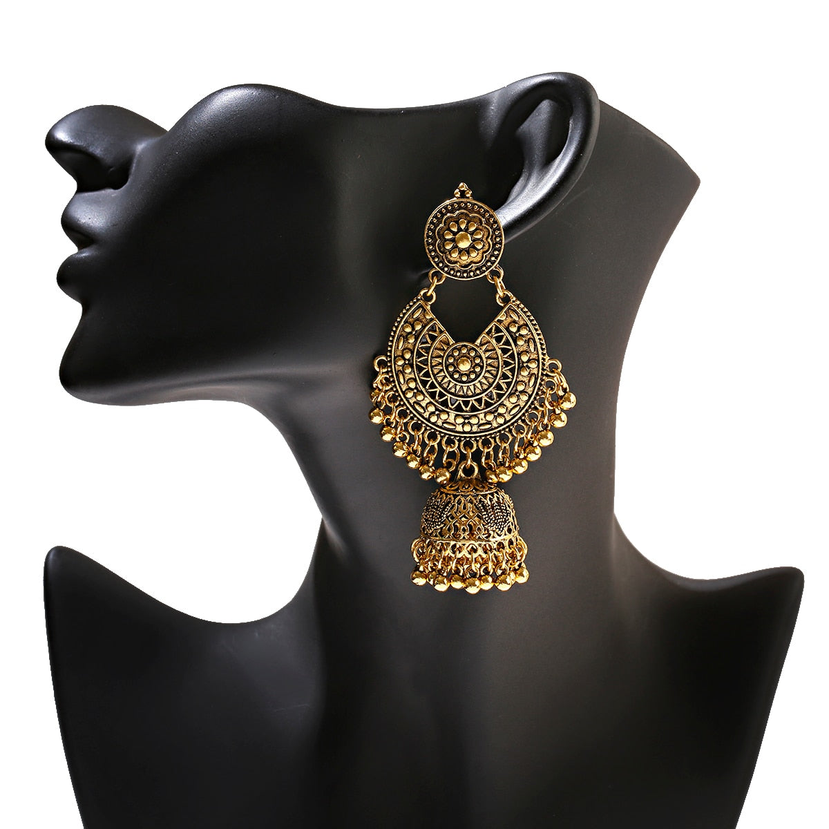 East Indian inspired Flower Bell Tassel Earrings - Handcrafted earrings featuring intricate floral design, delicate bells, and stylish tassels. A blend of cultural elegance and modern fashion for a stunning accessory