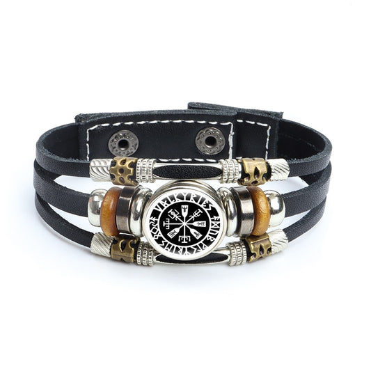 Men's Nordic Leather Bracelet with Runic Compass Glossy-Too