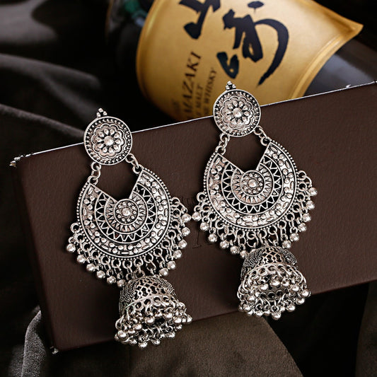 East Indian inspired Flower Bell Tassel Earrings - Handcrafted earrings featuring intricate floral design, delicate bells, and stylish tassels. A blend of cultural elegance and modern fashion for a stunning accessory