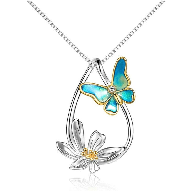 Silver Tear Drop-Shaped Daffodil & Blue Butterfly Pendant Glossy Too