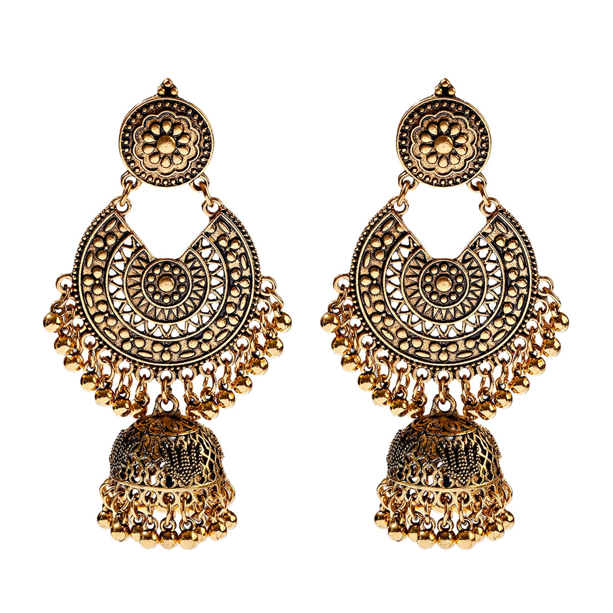 East Indian inspired Flower Bell Tassel Earrings - Handcrafted earrings featuring intricate floral design, delicate bells, and stylish tassels. A blend of cultural elegance and modern fashion for a stunning accessory