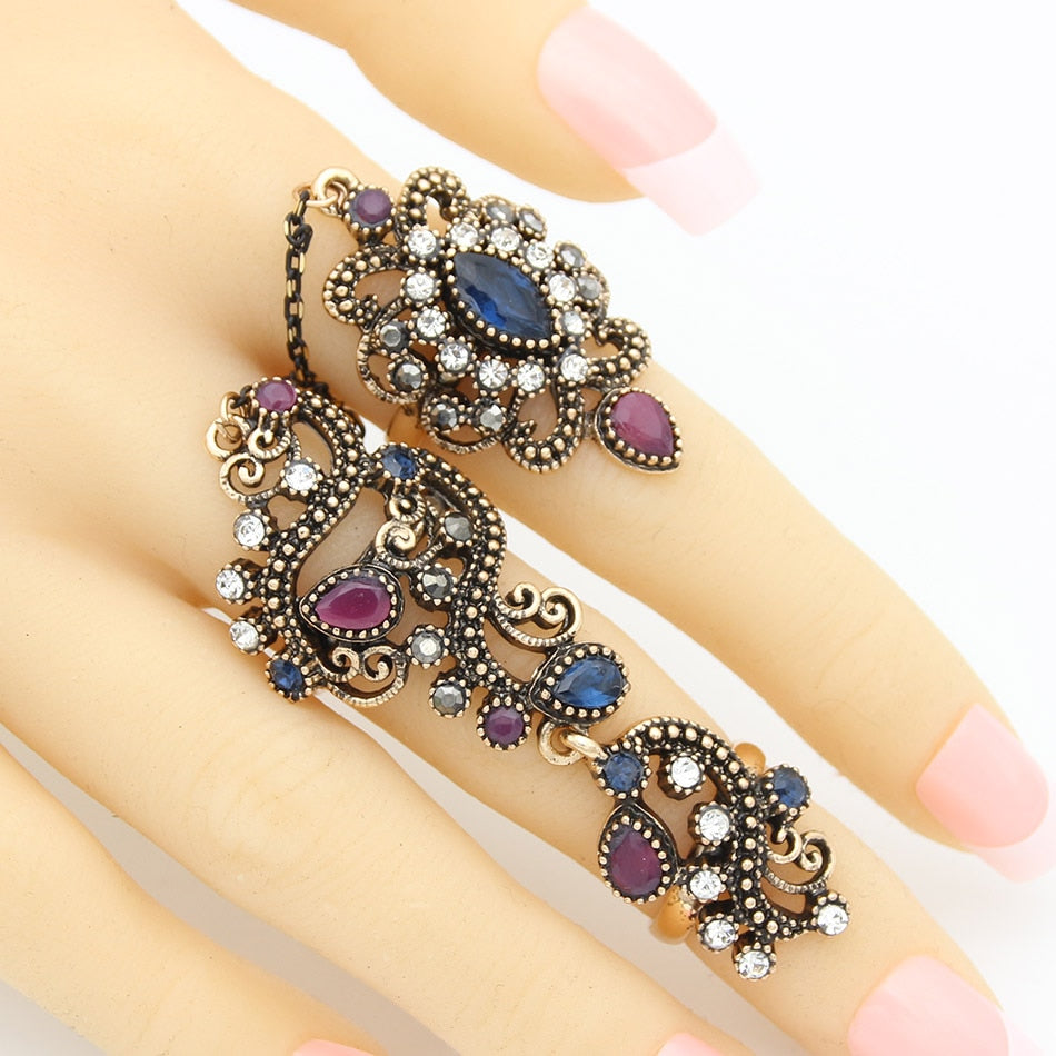 Turkish Flower Double Finger Ring - Stylish statement accessory with vintage floral motif.