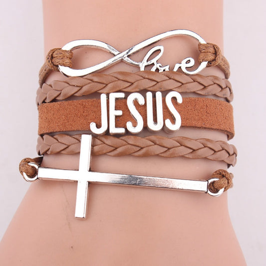 Christian Leather Wrap Infinity, Jesus and Cross Bracelet Set Glossy-Too