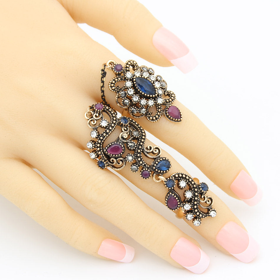 Turkish Flower Double Finger Ring - Stylish statement accessory with vintage floral motif.