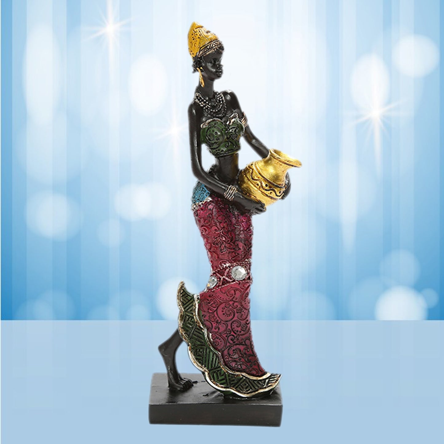 African Tribal Lady Sculpture with Silver Vase Glossy-Too