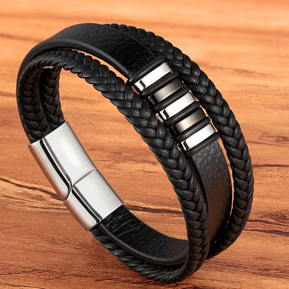 Men's Magnetic Braided Leather Bracelet Glossy-Too