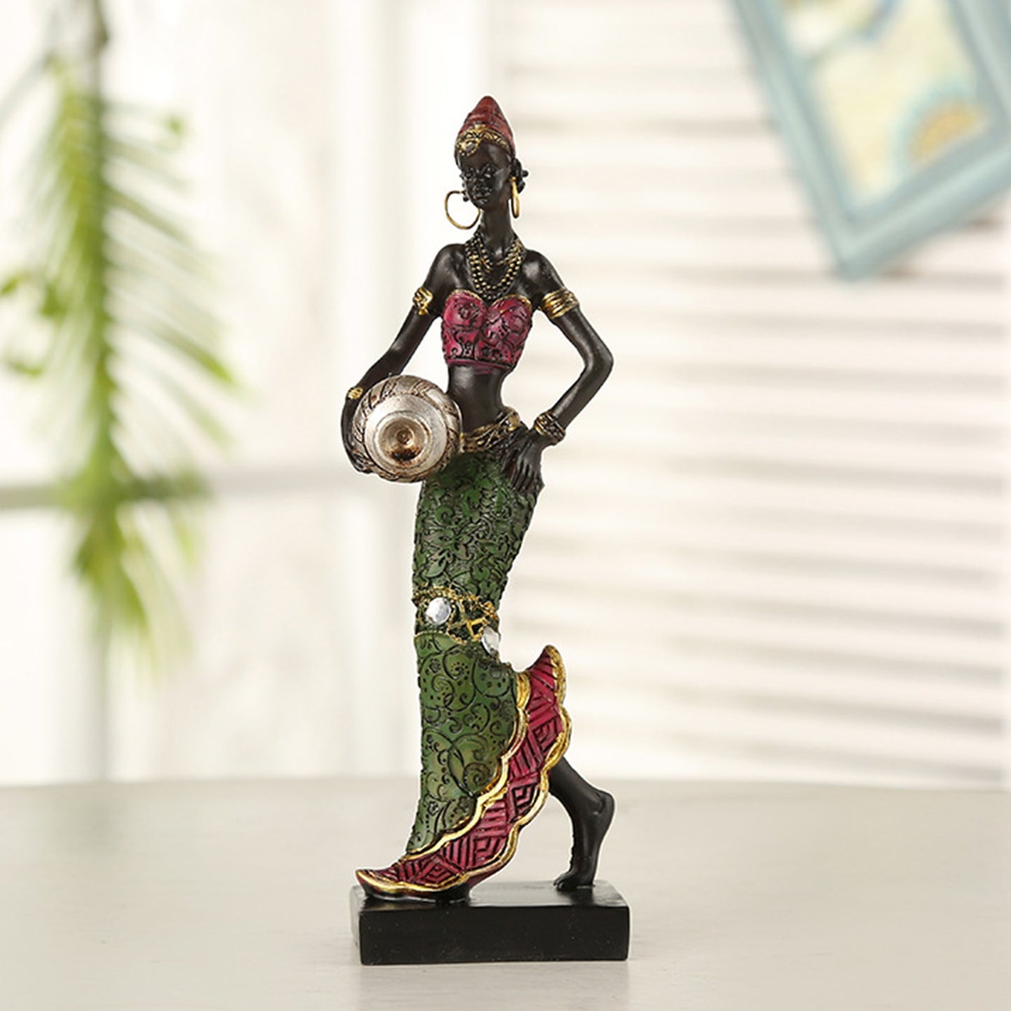 African Tribal Lady Sculpture with Silver Vase Glossy-Too