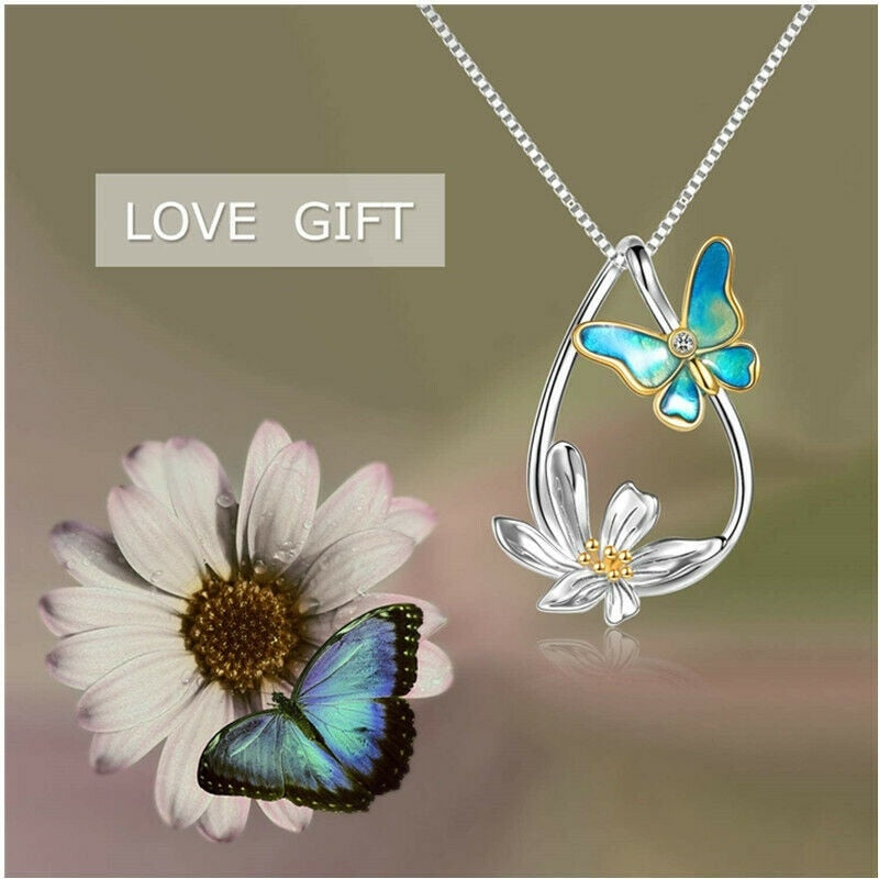 Silver Tear Drop-Shaped Daffodil & Blue Butterfly Pendant