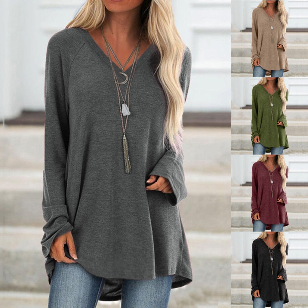 Ladies' Long Sleeve Loose V Neck Pullover