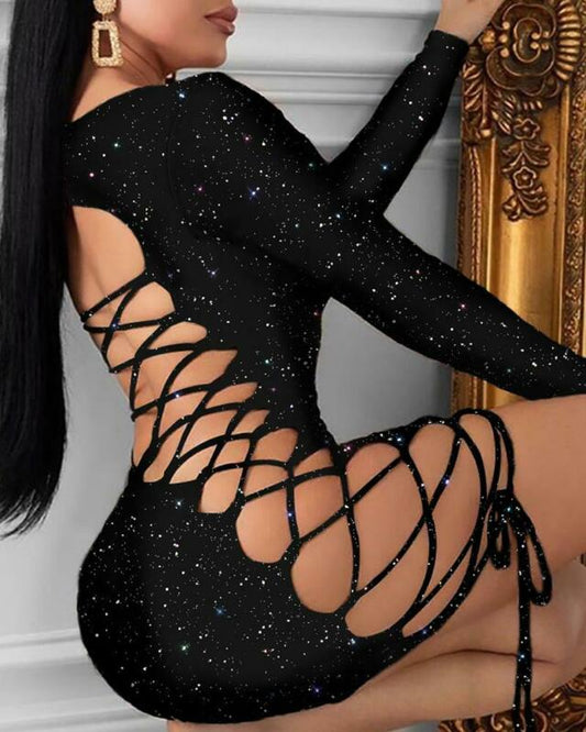 Sultry Allure - Long Sleeve Lace-Up Dress