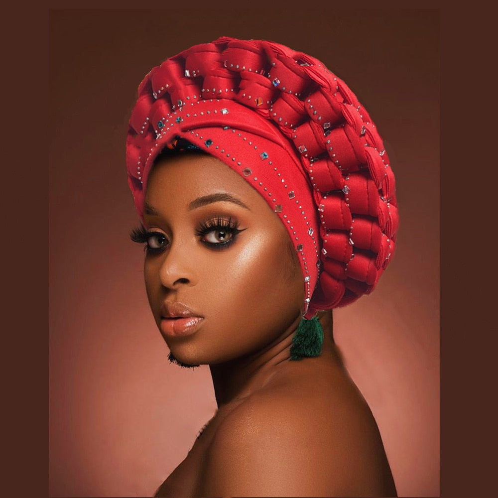 African Rhinestoned Pre-Tied Bonnet. glossy-too