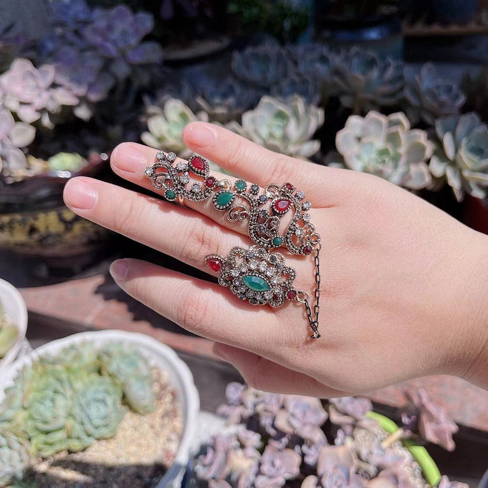 Turkish Flower Double Finger Ring - Stylish statement accessory with vintage floral motif.