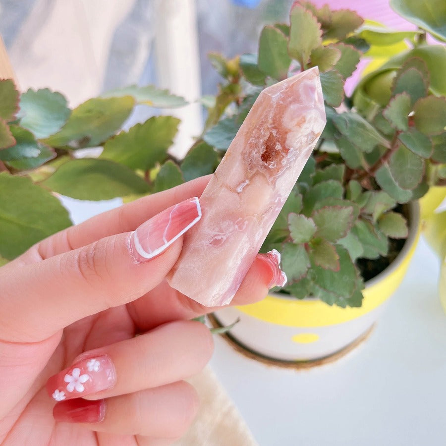 Natural Rose Hermosa Crystal Quartz Tower Sakura Agate Crystal