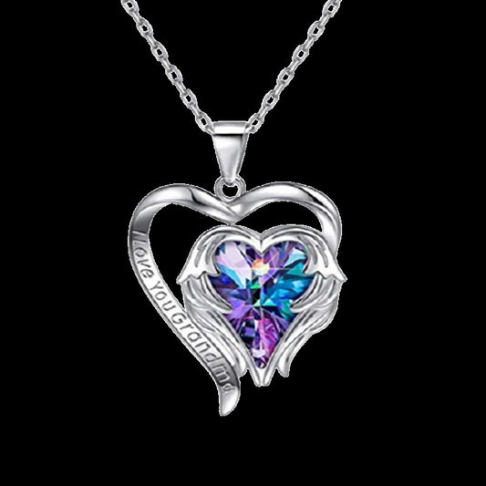 Angel Wings Heart Shaped Crystal Pendant Necklace glossy-too