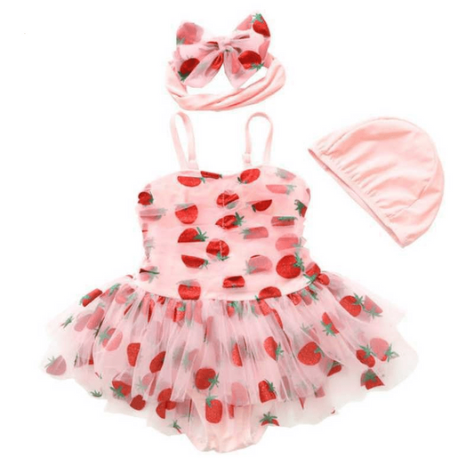 Sweet Strawberry Printed Tulle Swimsuit for Baby Girls